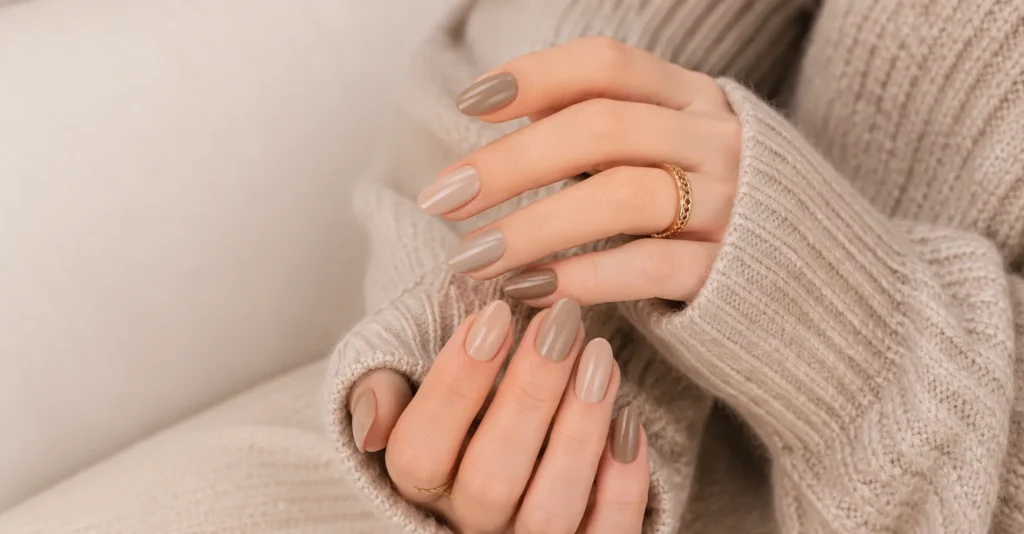 Winter Nail Colors: Shades That Define the Season’s Elegance 7 Warm Taupe and Nude Beige Winter Nail Colors for a cozy minimalist manicure