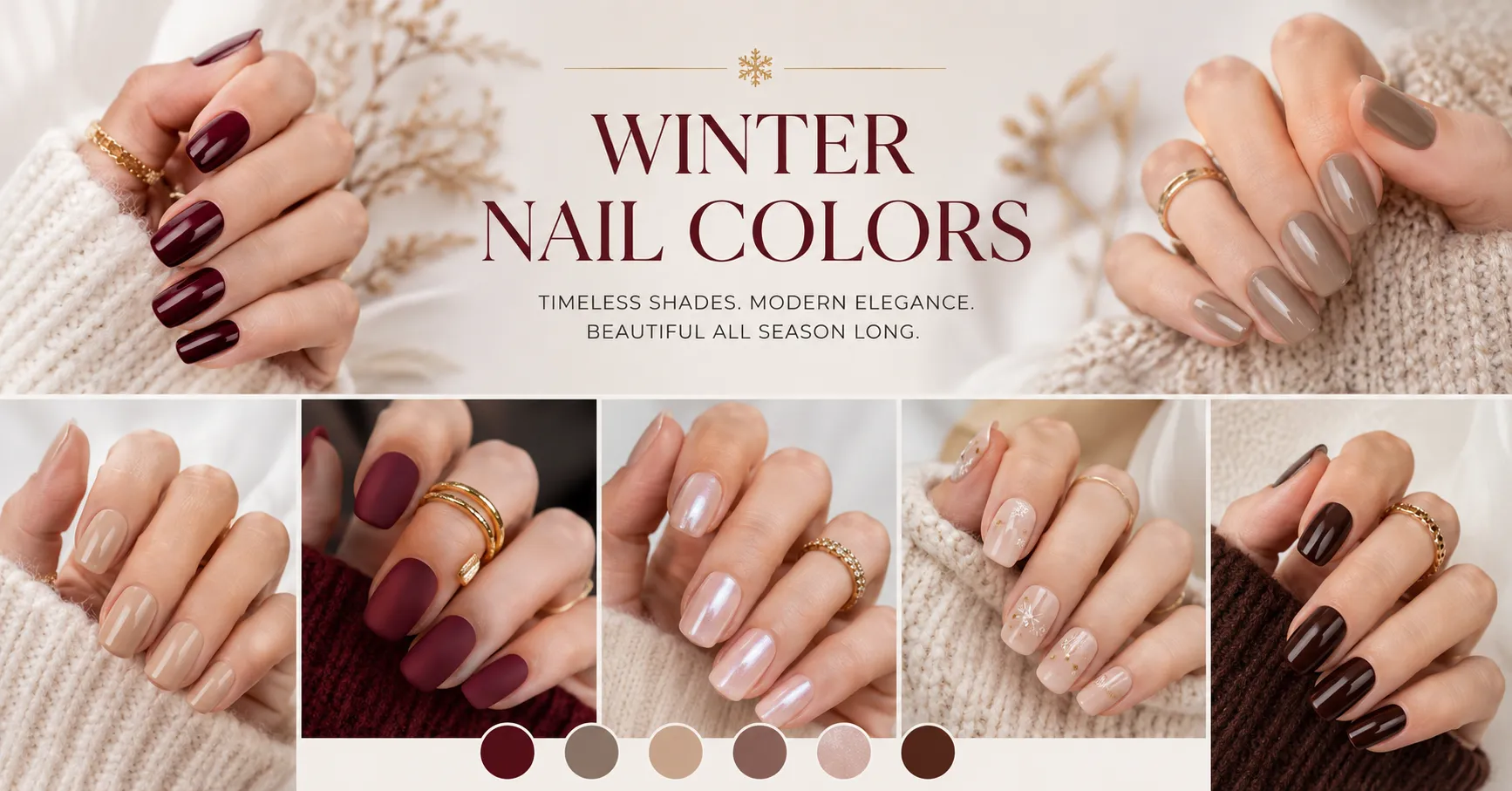 Winter Nail Colors featuring elegant burgundy, nude, matte, velvet, glazed, and minimalist manicure ideas for winter