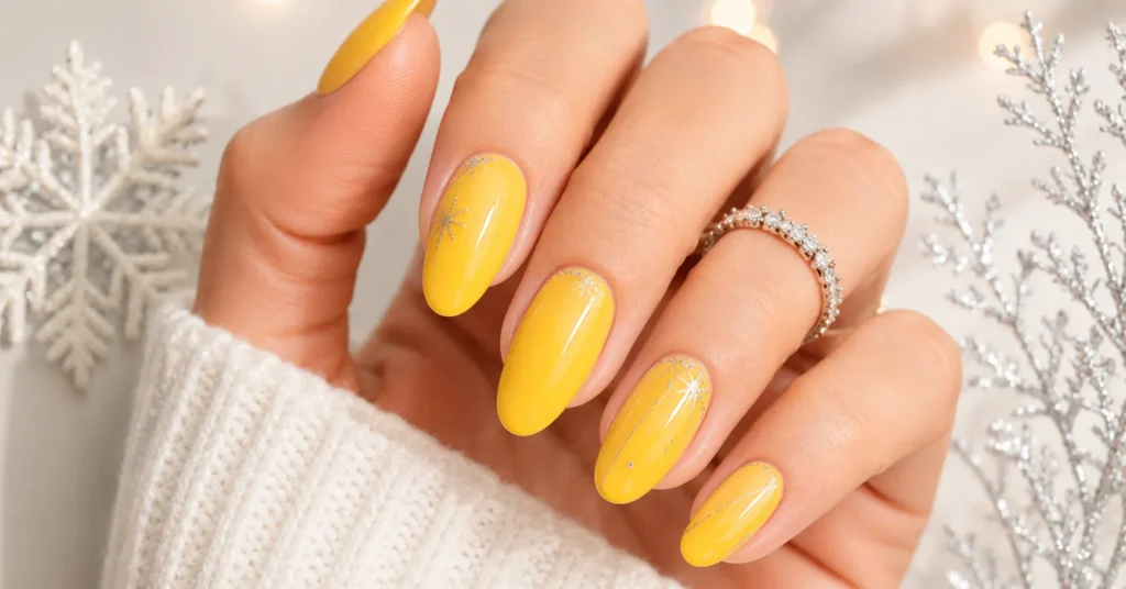 Yellow Nail Colour: Best Bright Nail Designs That Instantly Stand Out 18 Winter Yellow Nail Colour manicure with subtle festive sparkle
