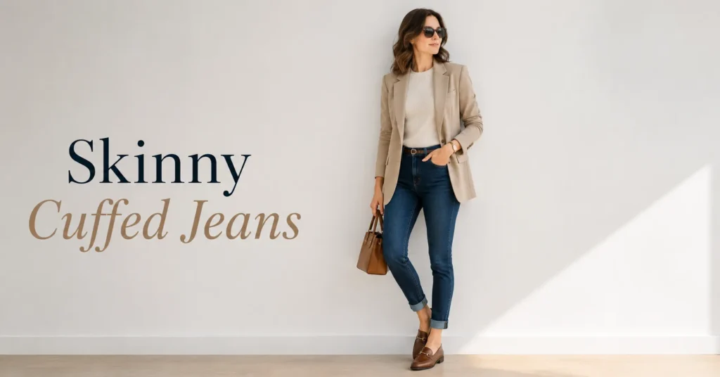 Cuffed Jeans: The Complete Guide to Every Cuff Style and How to Wear Them 3 Woman wearing Skinny Cuffed Jeans styled with a blazer and loafers