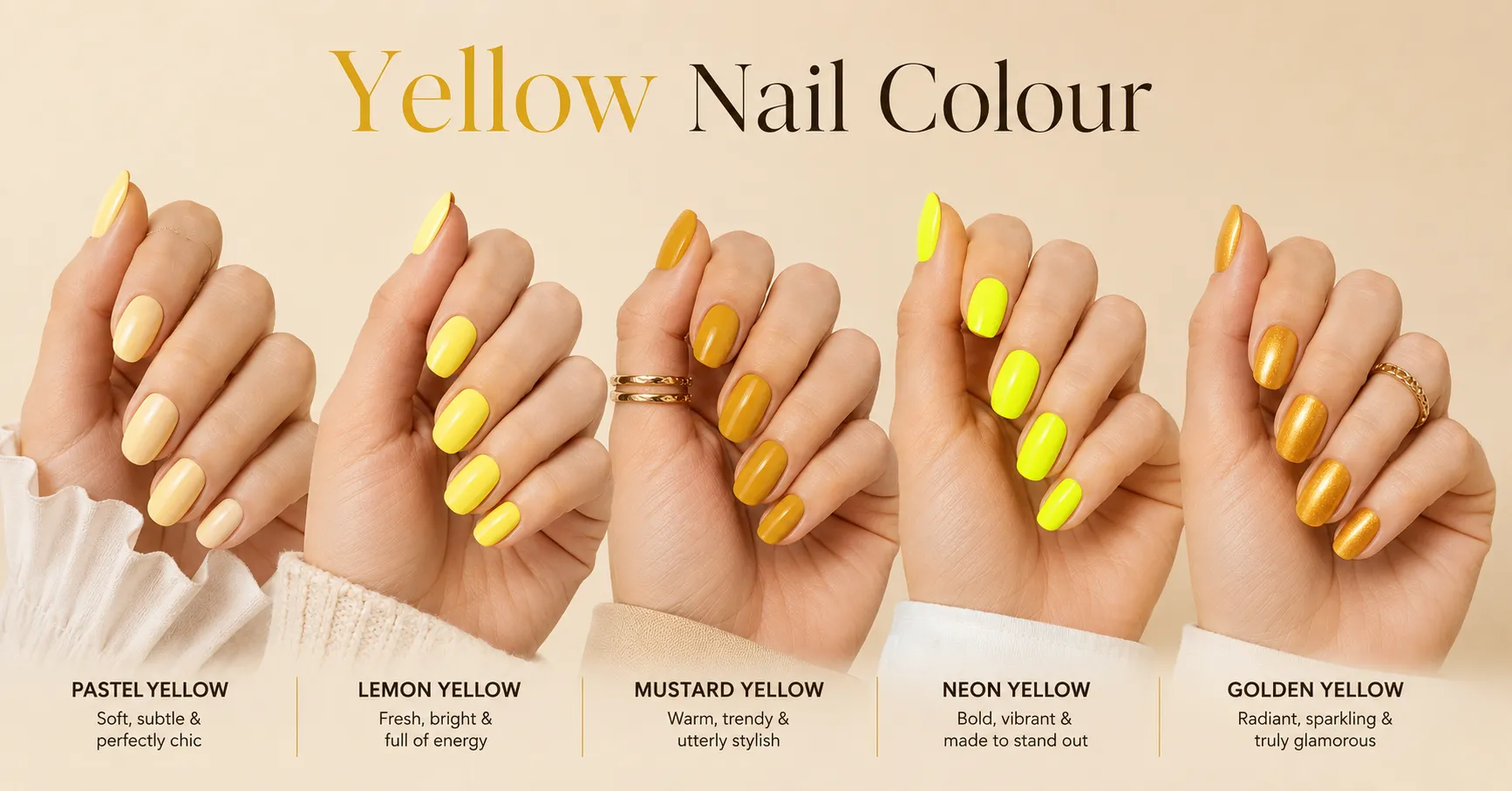 Yellow Nail Colour ideas featuring trendy pastel, lemon, mustard, neon, and golden yellow manicures