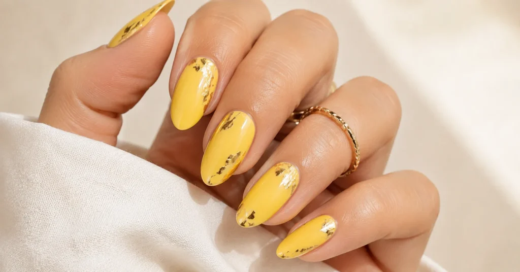 Yellow Nail Colour: Best Bright Nail Designs That Instantly Stand Out 12 Yellow Nail Colour with elegant gold foil nail art