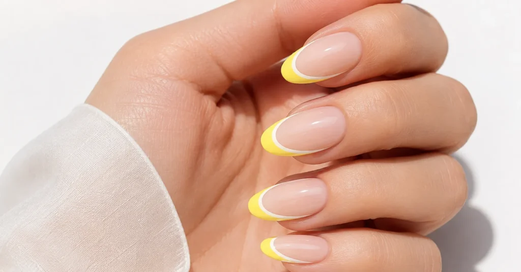 Yellow Nail Colour: Best Bright Nail Designs That Instantly Stand Out 9 Yellow Nail Colour with elegant white French tip manicure