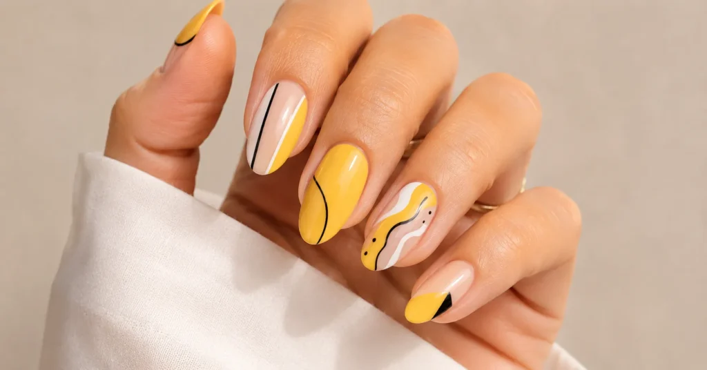 Yellow Nail Colour: Best Bright Nail Designs That Instantly Stand Out 13 Yellow Nail Colour with modern geometric nail art patterns