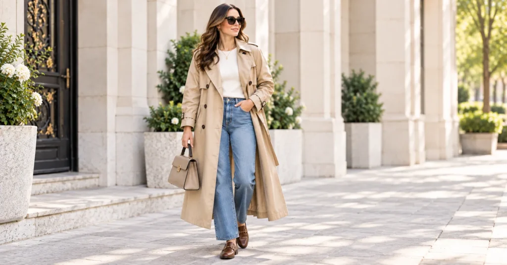 Trench Coat: 10 Stylish Outfit Ideas for a Chic & Timeless Look 3 Oversized beige trench coat with straight-leg jeans outfit