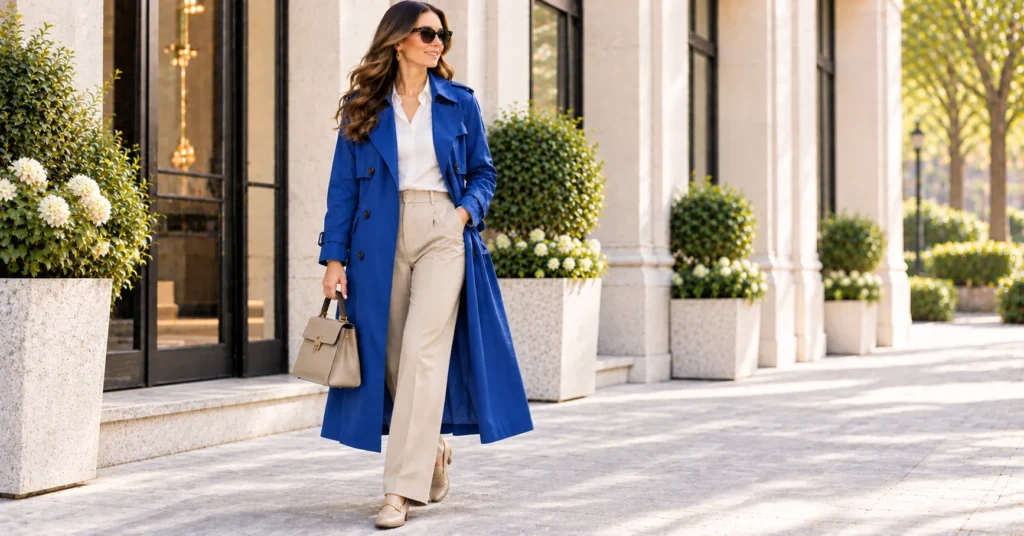 Trench Coat: 10 Stylish Outfit Ideas for a Chic & Timeless Look 12 Statement blue oversized trench coat with neutral trousers