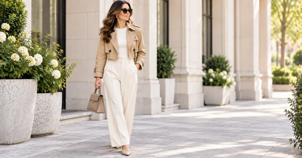 Trench Coat: 10 Stylish Outfit Ideas for a Chic & Timeless Look 4 Cropped trench coat styled with wide-leg trousers