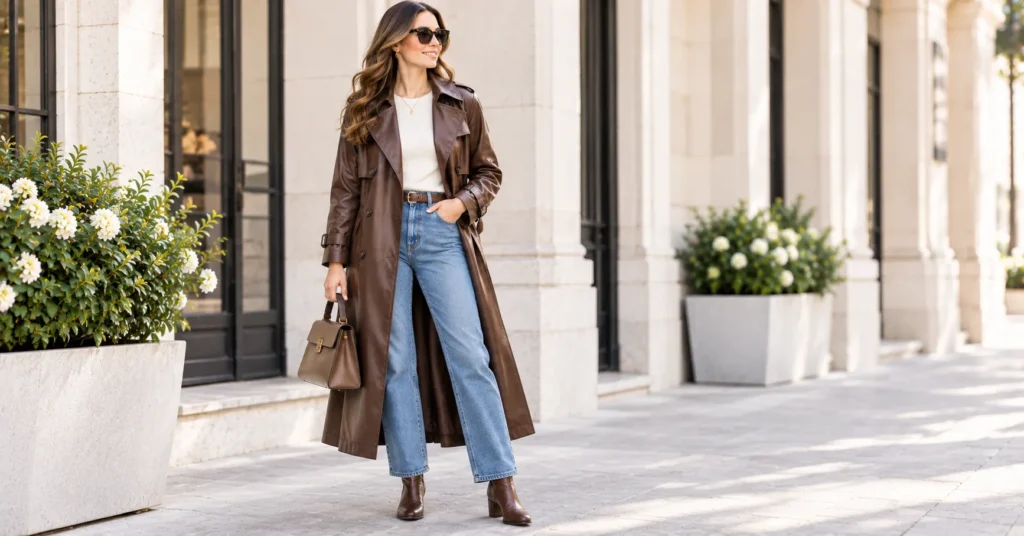 Trench Coat: 10 Stylish Outfit Ideas for a Chic & Timeless Look 5 Leather trench coat styled with jeans and ankle boots