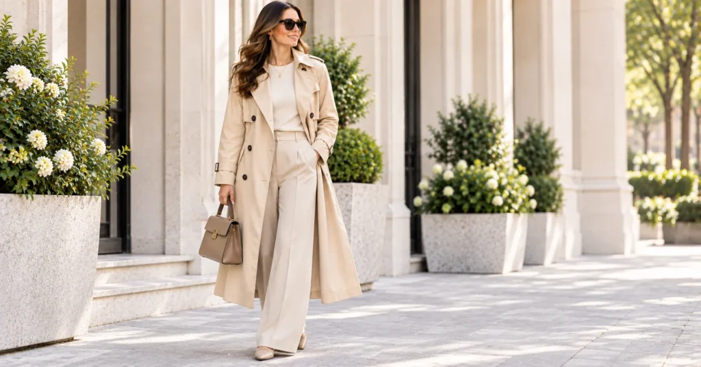 Trench Coat: 10 Stylish Outfit Ideas for a Chic & Timeless Look 6 Longline neutral trench coat with tonal beige layers