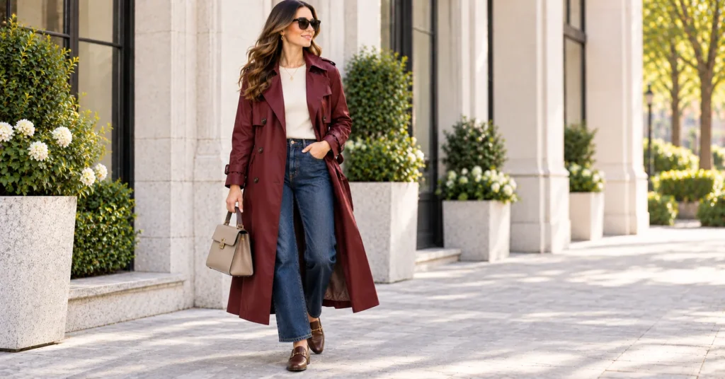 Trench Coat: 10 Stylish Outfit Ideas for a Chic & Timeless Look 7 Burgundy trench coat with cream sweater and dark denim