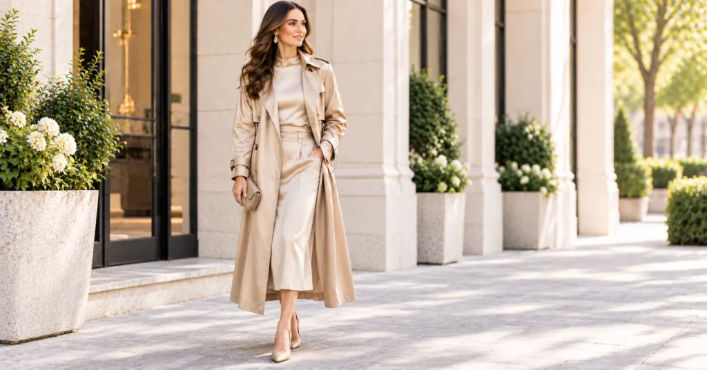 Trench Coat: 10 Stylish Outfit Ideas for a Chic & Timeless Look 8 Satin trench coat layered over an elegant midi dress
