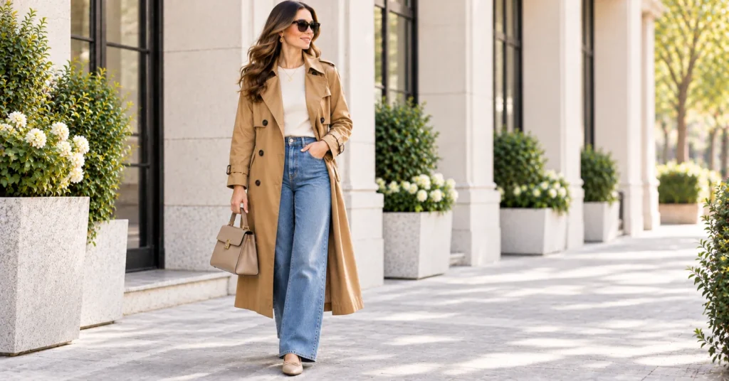 Trench Coat: 10 Stylish Outfit Ideas for a Chic & Timeless Look 9 Classic trench coat with wide-leg jeans and ballet flats