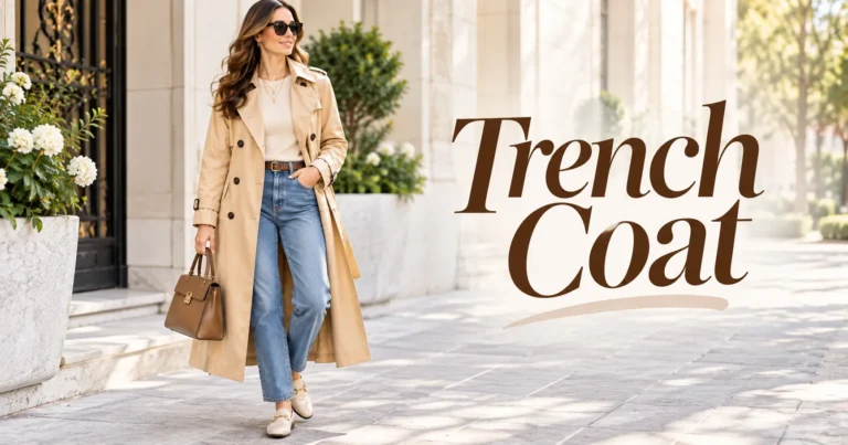 Trench Coat styled with a classic beige coat, jeans, and loafers