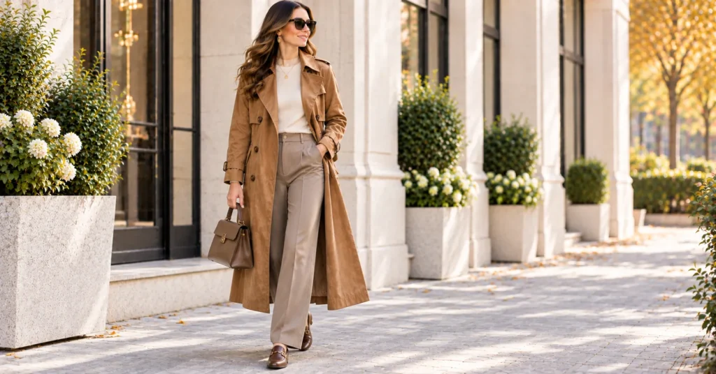 Trench Coat: 10 Stylish Outfit Ideas for a Chic & Timeless Look 10 Suede trench coat with cream knitwear and tailored trousers