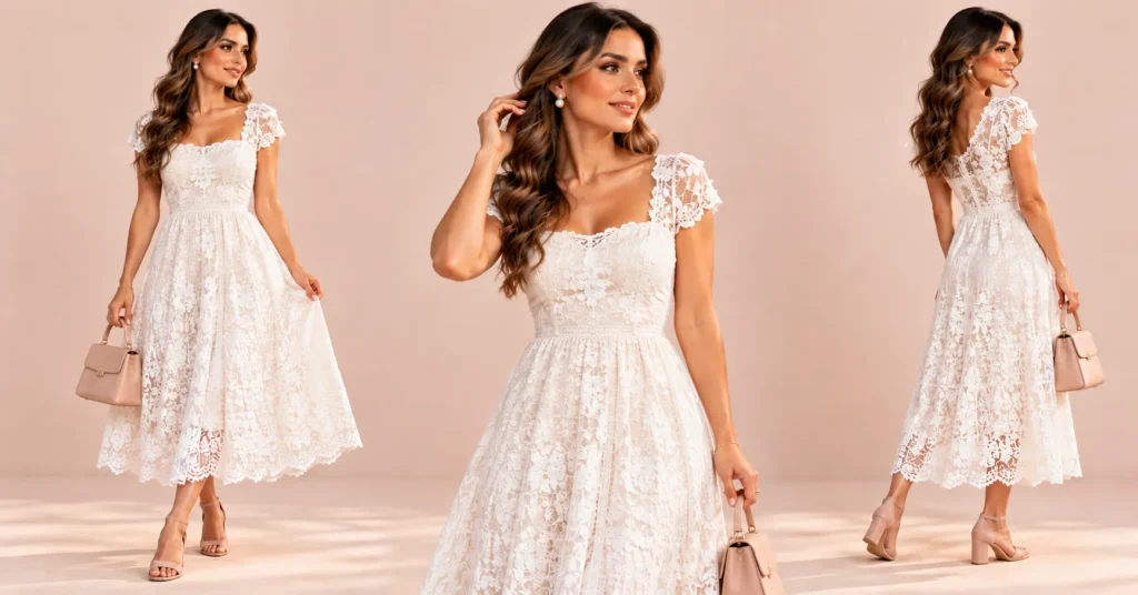 10 Stunning White Dress Styles Every Woman Should Own 7 Romantic lace White Dress with scalloped midi hem, pearl earrings and blush heels