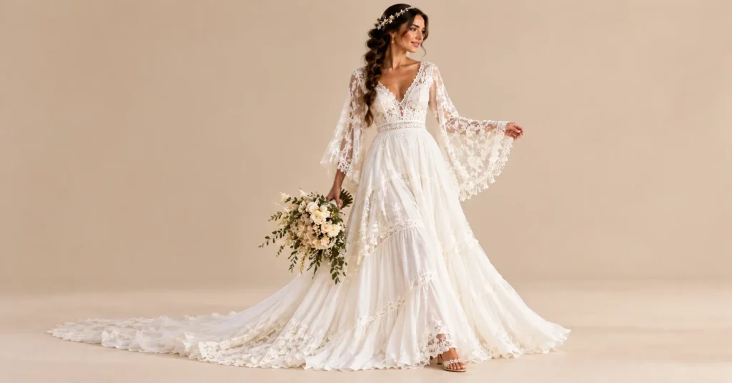 12 Stunning White Wedding Dress Styles to Find Your Dream Gown 8 Bohemian White Wedding Dress with flowing chiffon, lace bell sleeves and relaxed bridal styling