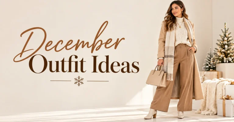 December Outfit Ideas featuring a cream knit sweater, camel trousers, and an elegant winter coat.