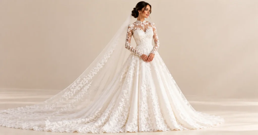 12 Stunning White Wedding Dress Styles to Find Your Dream Gown 9 Elegant long sleeve White Wedding Dress with lace sleeves, illusion neckline and cathedral veil