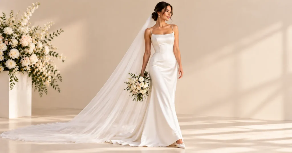 12 Stunning White Wedding Dress Styles to Find Your Dream Gown 6 Minimalist sheath White Wedding Dress with square neckline, silk crepe and long sheer veil
