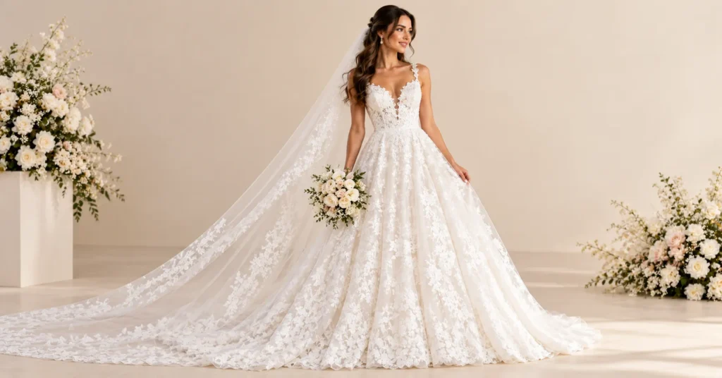 12 Stunning White Wedding Dress Styles to Find Your Dream Gown 4 Romantic lace A-line White Wedding Dress with V-neckline, lace sleeves and chapel veil