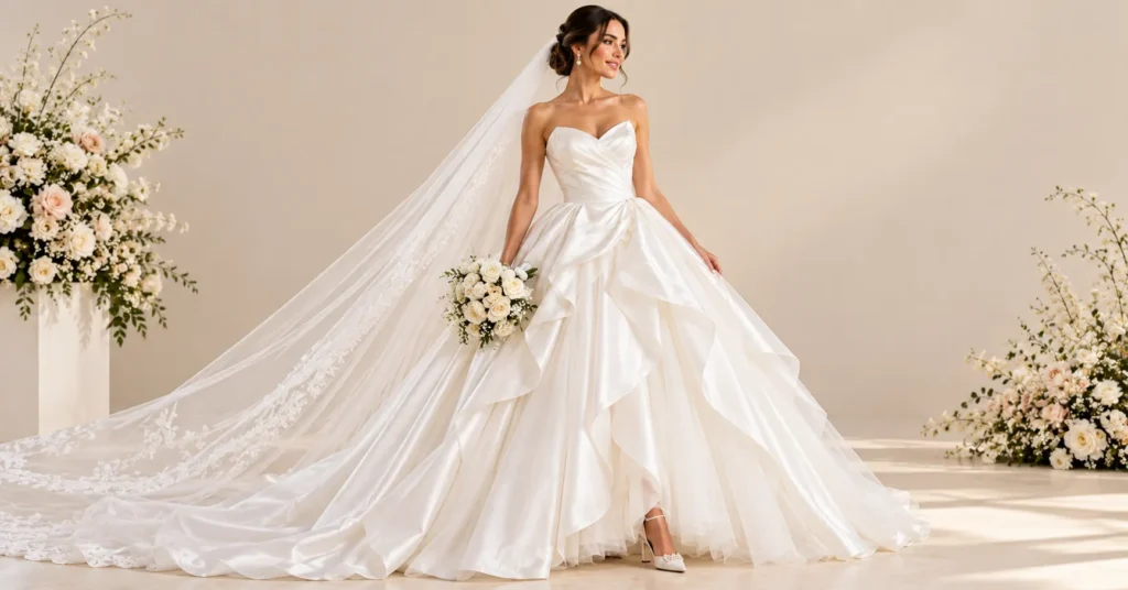 12 Stunning White Wedding Dress Styles to Find Your Dream Gown 3 Classic ball gown White Wedding Dress with satin bodice, full tulle skirt and cathedral veil