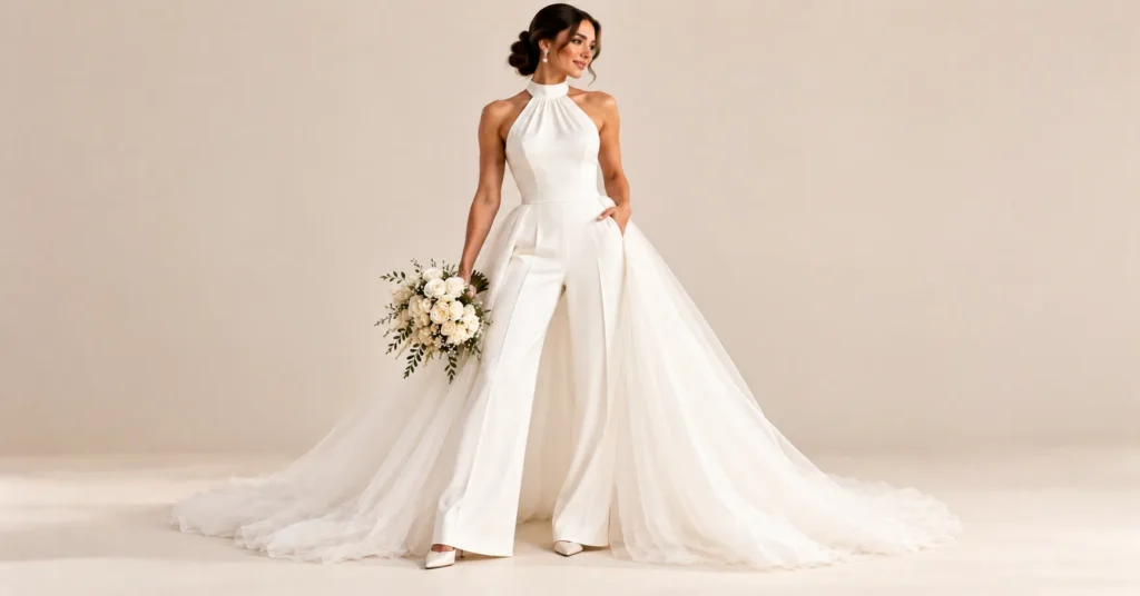 12 Stunning White Wedding Dress Styles to Find Your Dream Gown 13 Modern bridal jumpsuit White Wedding Dress alternative with wide-leg crepe pants and tulle overskirt