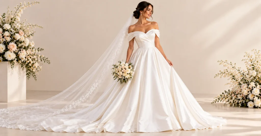 12 Stunning White Wedding Dress Styles to Find Your Dream Gown 7 Off the shoulder White Wedding Dress with draped satin sleeves and elegant A-line skirt