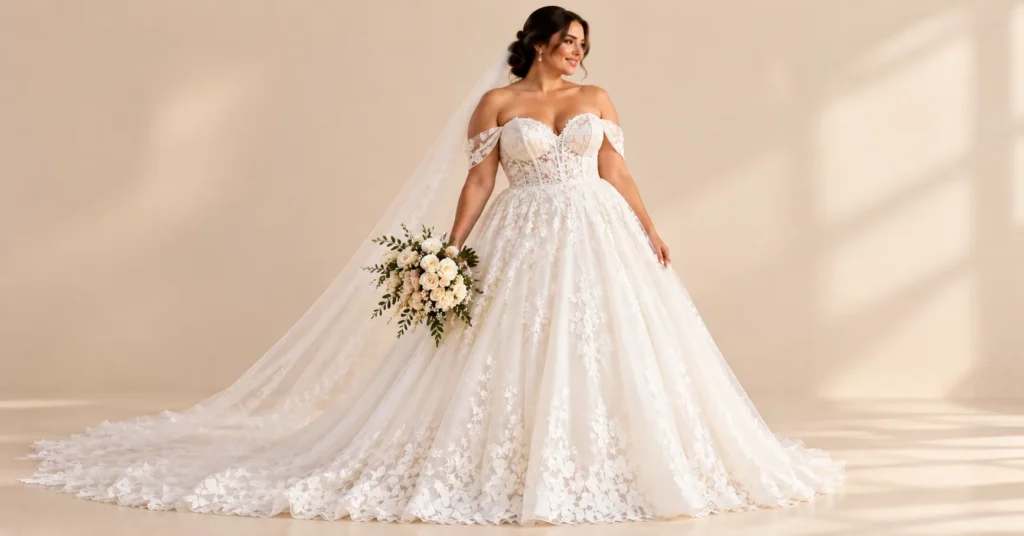 12 Stunning White Wedding Dress Styles to Find Your Dream Gown 11 Plus-size structured corset White Wedding Dress with ivory lace, A-line skirt and detachable sleeves