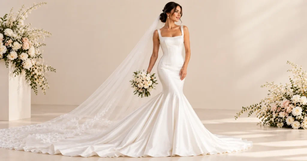 12 Stunning White Wedding Dress Styles to Find Your Dream Gown 5 Elegant mermaid White Wedding Dress with sculpted crepe silhouette and sweeping train