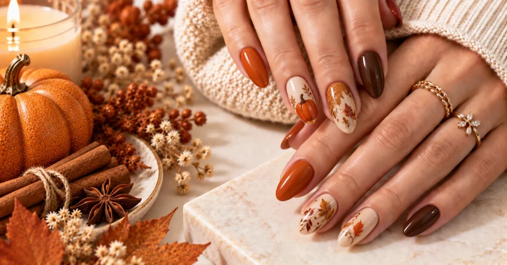 Fall Nails: 12 Stunning Ideas for a Chic Autumn Manicure 13 Pumpkin Spice Fall Nails with warm orange, caramel, and cinnamon shades