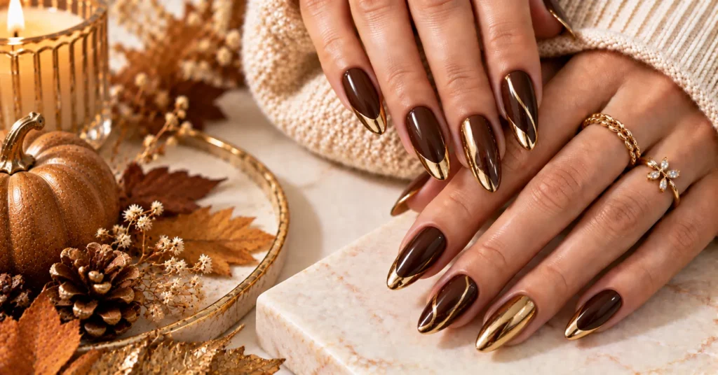 Fall Nails: 12 Stunning Ideas for a Chic Autumn Manicure 14 Chocolate Brown and Gold Chrome Fall Nails with a luxurious finish
