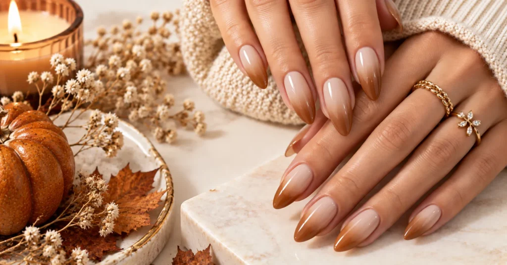 Fall Nails: 12 Stunning Ideas for a Chic Autumn Manicure 6 Caramel and Nude Fall Nails with a soft ombre manicure