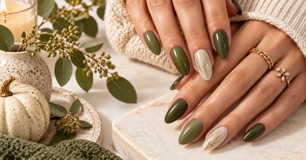 Fall Nails: 12 Stunning Ideas for a Chic Autumn Manicure 7 Olive Green Fall Nails with elegant earthy autumn accents