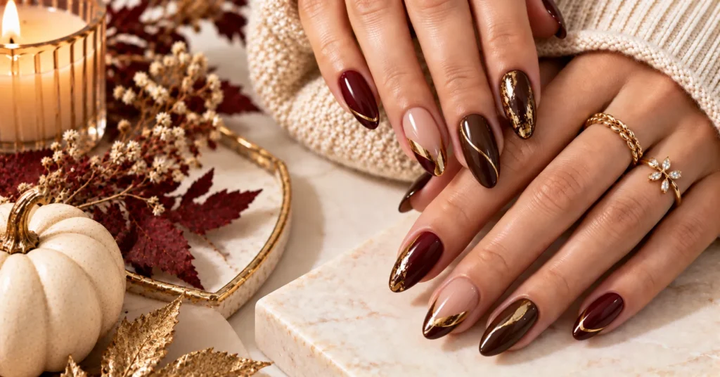 Fall Nails: 12 Stunning Ideas for a Chic Autumn Manicure 9 Luxe Gold Accent Fall Nails with burgundy and chocolate tones