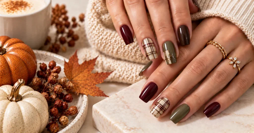 Fall Nails: 12 Stunning Ideas for a Chic Autumn Manicure 10 Cozy Plaid Fall Nails with burgundy, brown, cream, and olive details
