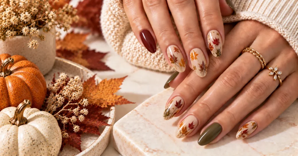 Fall Nails: 12 Stunning Ideas for a Chic Autumn Manicure 11 Leaf Fall Nails with delicate colorful autumn leaf nail art