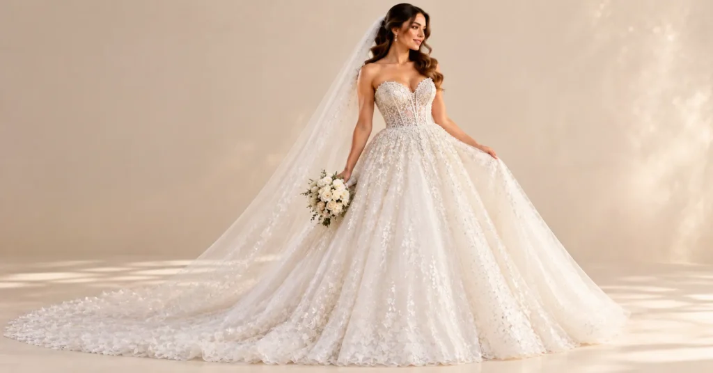 12 Stunning White Wedding Dress Styles to Find Your Dream Gown 14 Sparkling embellished White Wedding Dress with crystal beading, glitter tulle and chapel veil