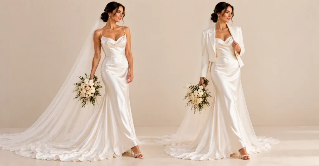 12 Stunning White Wedding Dress Styles to Find Your Dream Gown 10 Sleek satin slip White Wedding Dress with cowl neckline, pearl earrings and sheer veil