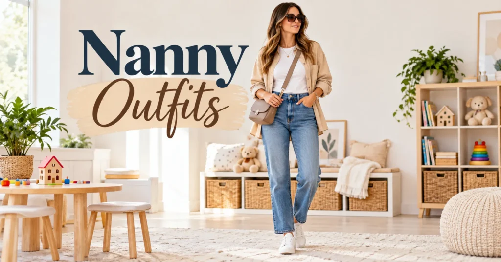 The Ultimate Guide to Nanny Outfits: 12 Stylish, Practical Looks 2 Nanny Outfits featuring practical jeans, a white tee, overshirt, and sneakers