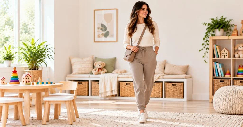 The Ultimate Guide to Nanny Outfits: 12 Stylish, Practical Looks 5 Nanny Outfits with tailored joggers, a fitted knit top, and sneakers