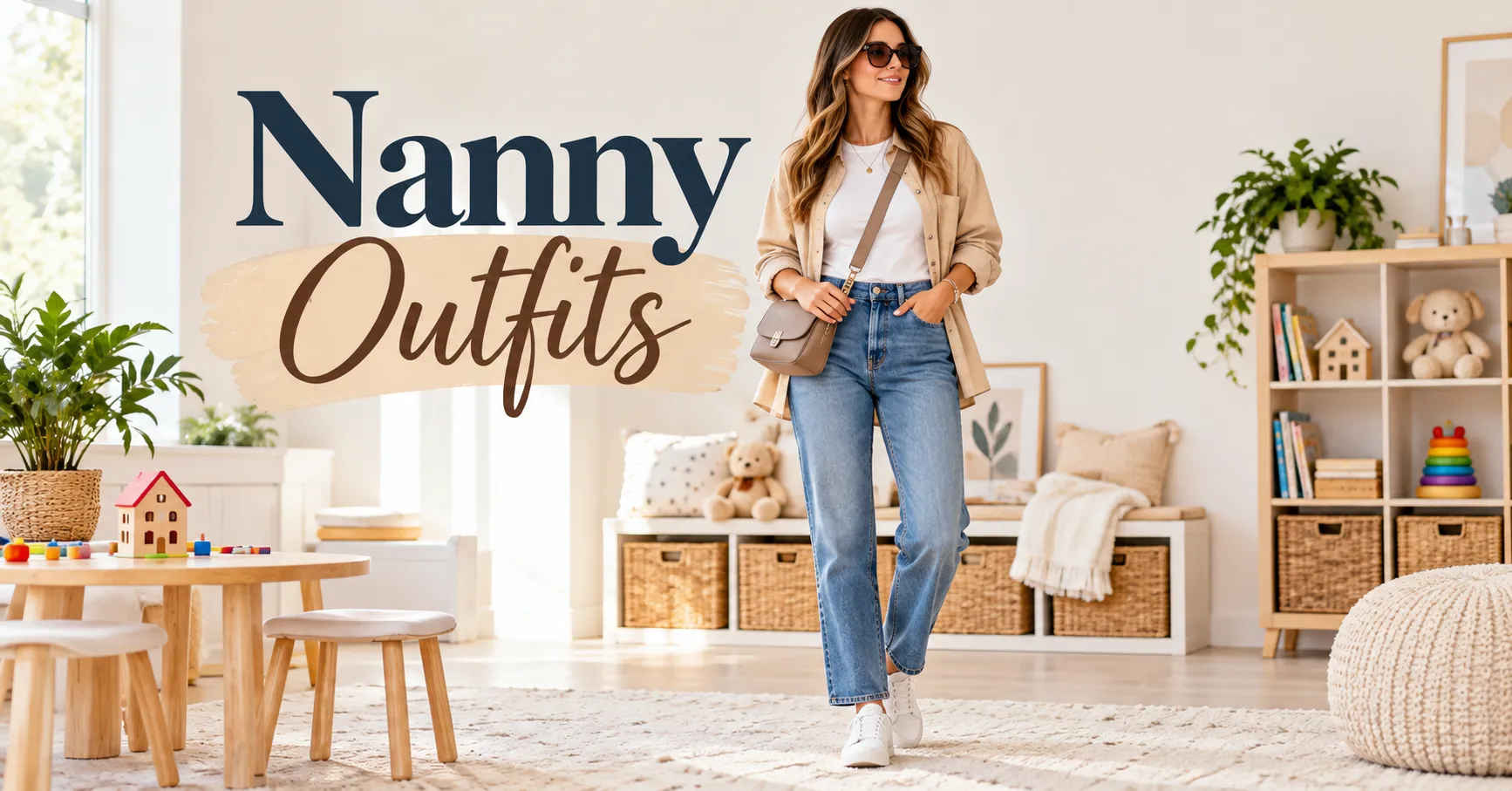 Nanny Outfits featuring practical jeans, a white tee, overshirt, and sneakers