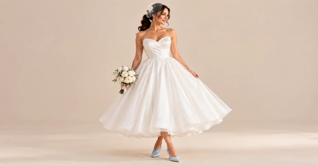 12 Stunning White Wedding Dress Styles to Find Your Dream Gown 12 Retro tea length White Wedding Dress with organza skirt, birdcage veil and statement heels