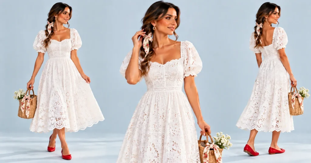 10 Stunning White Dress Styles Every Woman Should Own 11 Charming cotton eyelet White Dress with puff sleeves, red ballet flats and wicker bag