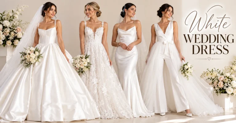 White Wedding Dress styles featuring elegant ball gown, lace A-line, minimalist sheath and modern bridal jumpsuit