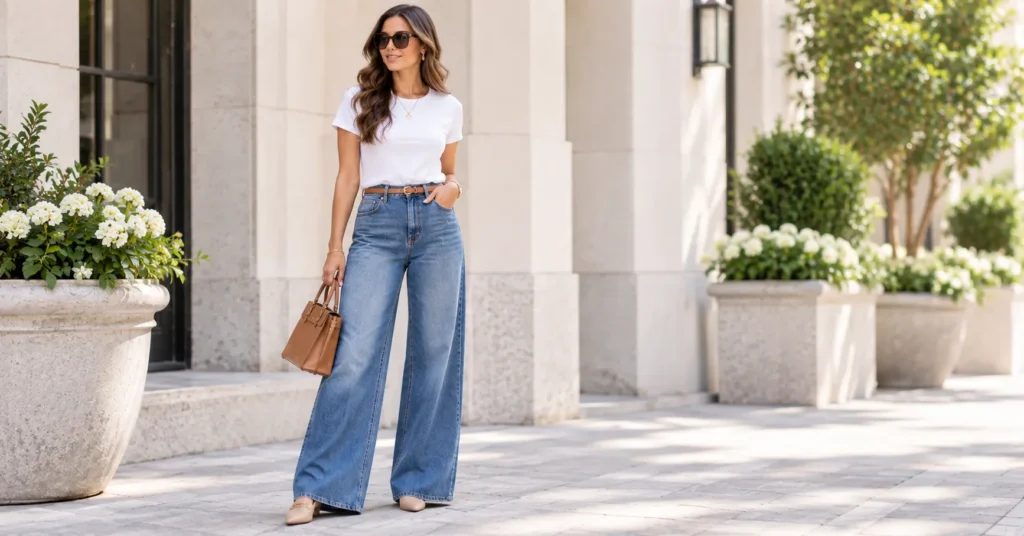 10 Stunning Wide Leg Jeans Outfit Ideas for a Chic, Effortless Look 3 Wide Leg Jeans with a fitted white T-shirt and loafers
