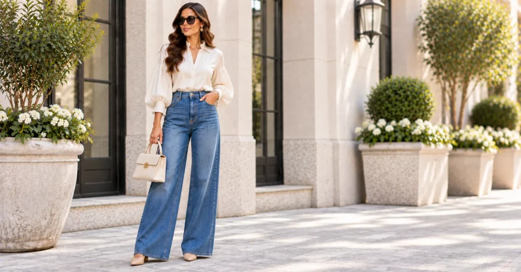 10 Stunning Wide Leg Jeans Outfit Ideas for a Chic, Effortless Look 12 Wide Leg Jeans with a feminine statement blouse and heels