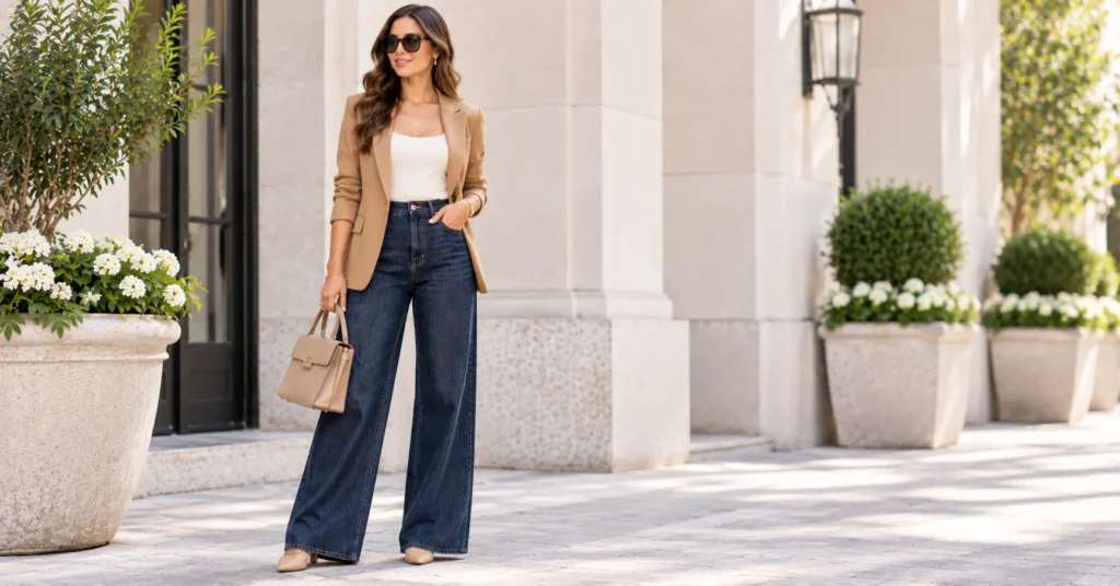10 Stunning Wide Leg Jeans Outfit Ideas for a Chic, Effortless Look 4 Wide Leg Jeans styled with a tailored blazer and cream top