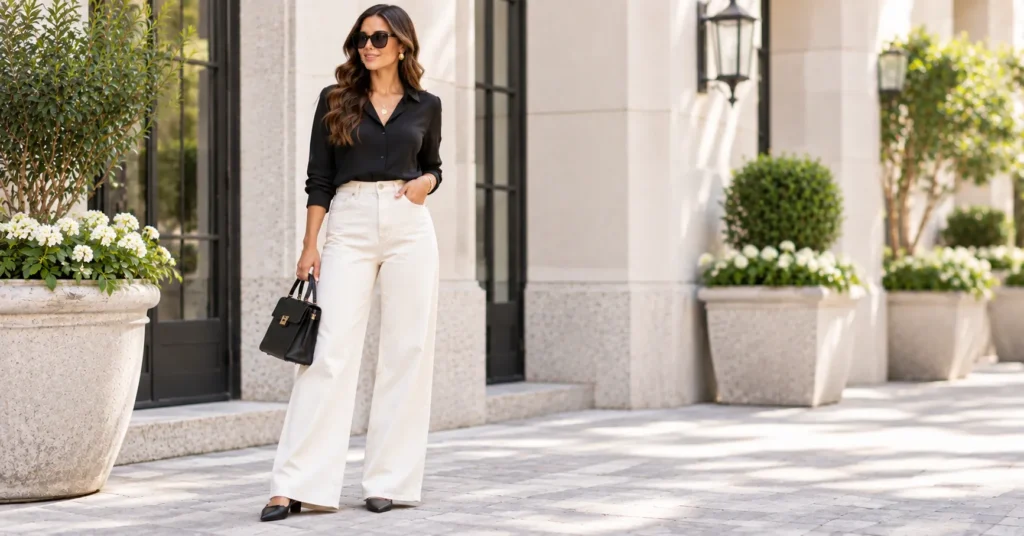 10 Stunning Wide Leg Jeans Outfit Ideas for a Chic, Effortless Look 5 Wide Leg Jeans in white styled with a black blouse