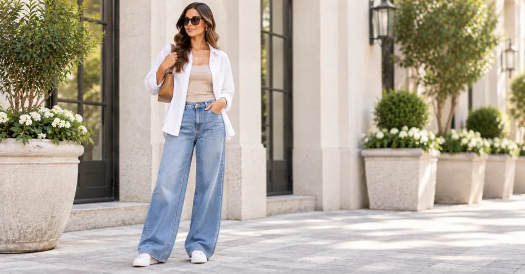 10 Stunning Wide Leg Jeans Outfit Ideas for a Chic, Effortless Look 6 Wide Leg Jeans with an oversized white button-down shirt