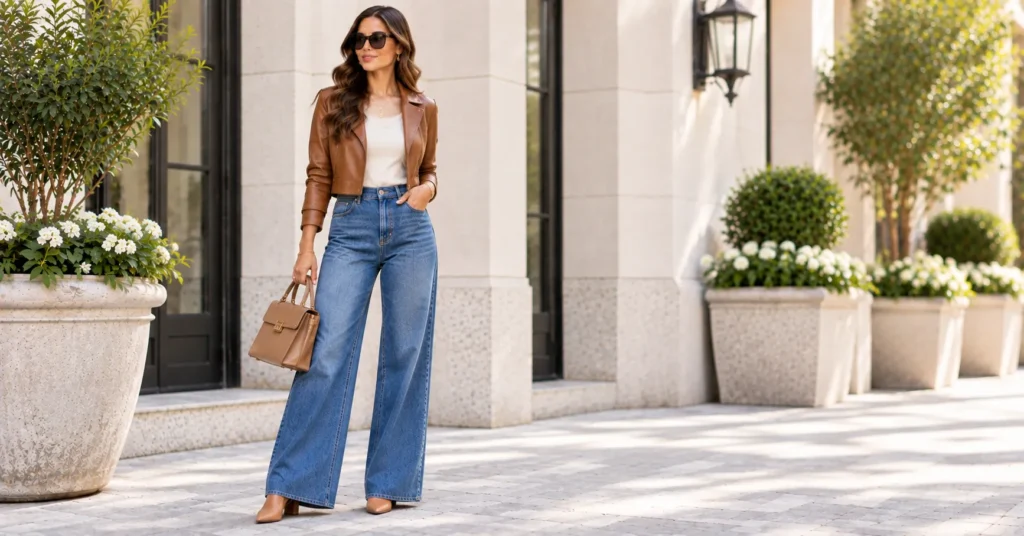 10 Stunning Wide Leg Jeans Outfit Ideas for a Chic, Effortless Look 8 Wide Leg Jeans with a cropped brown leather jacket
